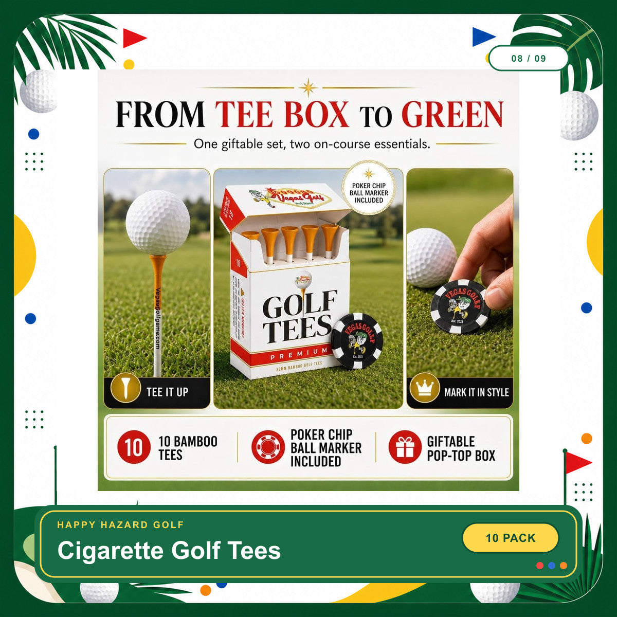 Cigarette Golf Tees 10 Pack, Premium Bamboo 3.25 Inch Tees in Novelty Pop-Top Box with Poker Chip Ball Marker, Funny Golf Gift for Men, Dad, Husband - Father'S Day & Birthday Gift | Bamboo Material Golf Tees