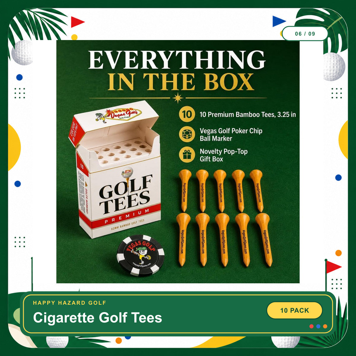 Cigarette Golf Tees 10 Pack, Premium Bamboo 3.25 Inch Tees in Novelty Pop-Top Box with Poker Chip Ball Marker, Funny Golf Gift for Men, Dad, Husband - Father'S Day & Birthday Gift | Bamboo Material Golf Tees